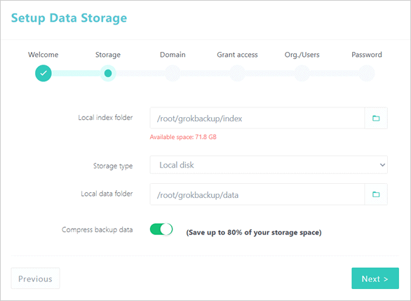JitBackup Storage Setup page