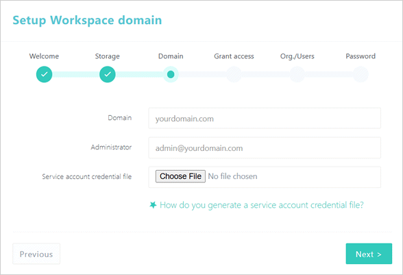 Workspace Domain Setup page